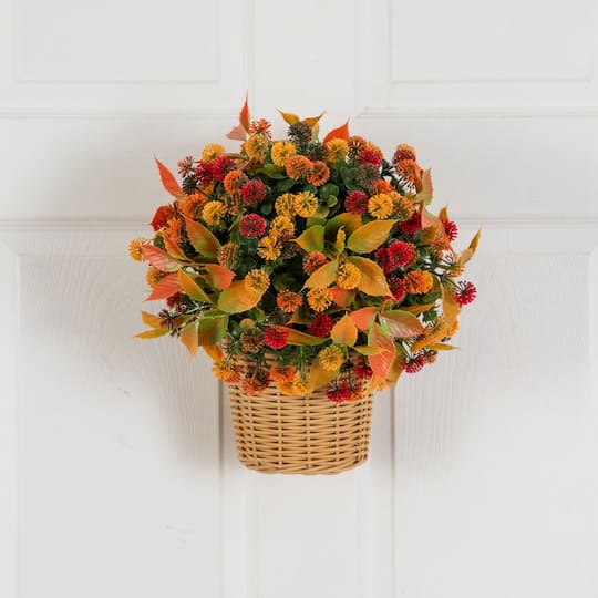 14" UV Resistant Autumn Artificial Mixed Fall Mum in Wicker Basket